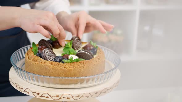 Close Up Female Hands Decorating Pastry with Fruit Cookies Mint