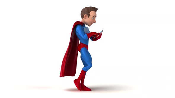Fun 3D cartoon superhero walking with a smartphone alt