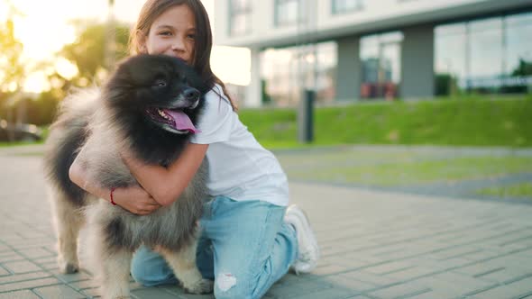 Brunette Girl Hugs a Fluffy Dog at Sunset Outdoors