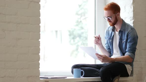 Reading Documents, Paperwork, Relax Man Sitting in Window, Beard