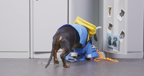 Dachshund Puppy in Uniform and with Backpack in the Shape of Bee Behind Its Back Looks Into Locker