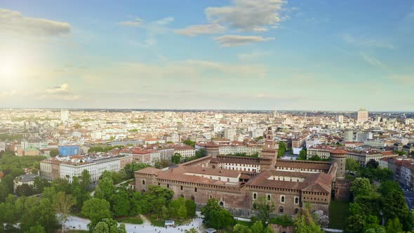 Panorama Aerial View Flying Drone Shot Over Famous Italian City Milan Landmark Fortress Sforza