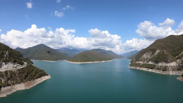 Aerial view of Zhinvali Reservoir. Ananuri Lake with blue water in Georgia.