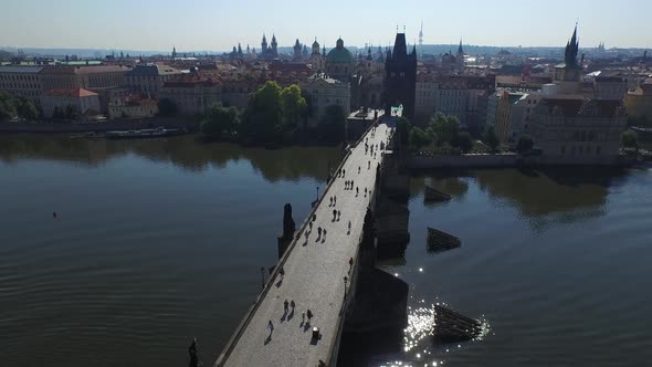 Aerial view of Vltava River with Charles Bridge