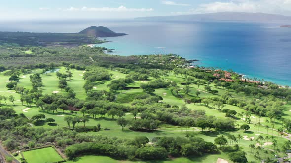 Scenic Aerial Panorama of Waterfront Golf Club and Course on Maui Island Hawaii