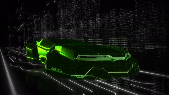 Computer Hacker Driving Green Digital Car Inside Virtual Reality Cyber World