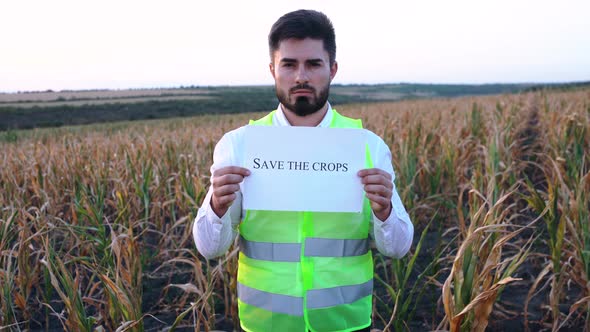 The Portrait of a Depressed Young Farmer Holding a Placard in His Hand with the Message SAVE THESE