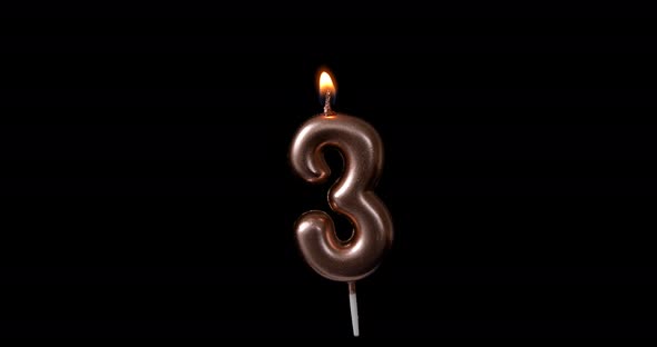 Realistic full-sized single birthday candlelight  3 three number isolated on black background.