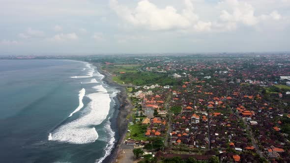 Black Sand Beach in Gray Foggy Day Aerial