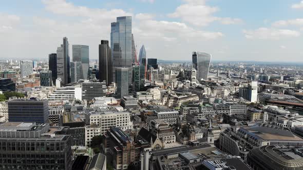 Majestic aerial view of London Financial and Banking district on a sunny day