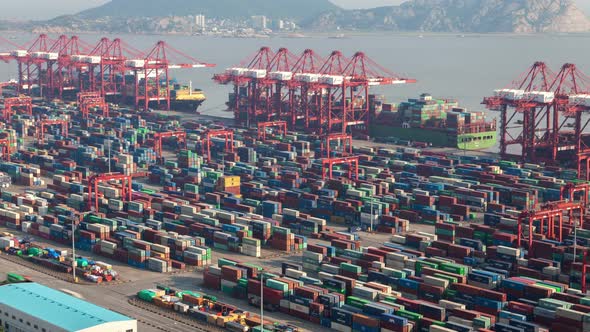 Yangshan Shanghai Container Port Terminal and Logistics Center Timelapse Zoom Out