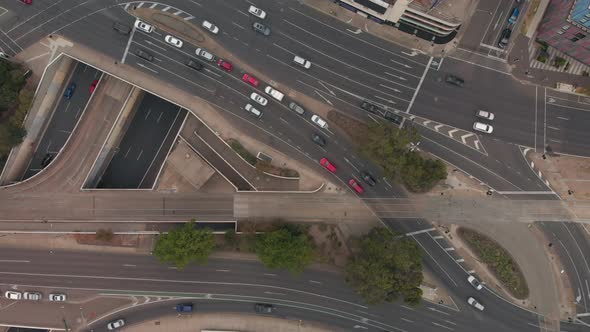 Traffic tracks, crossroad and traffic lights. Aerial view (Drone Shot)