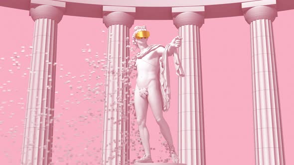 Digital disintegration of sculpture Apollo on pink background