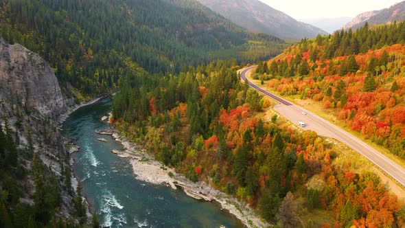 Flying over the Snake River in Wyoming, trees turning their fall colors