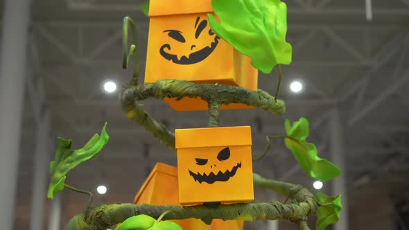 Yellow Box Closeup in Form Smiling Pumpkin in Background Halloween 