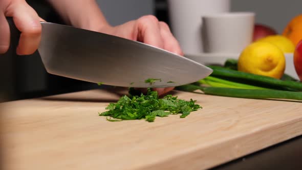 Chopping fresh spear mint on wooden board slow motion.