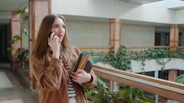 Woman Student Is Walking In Hall