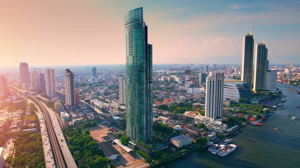 Aerial view over Bangkok city and Chao phraya river