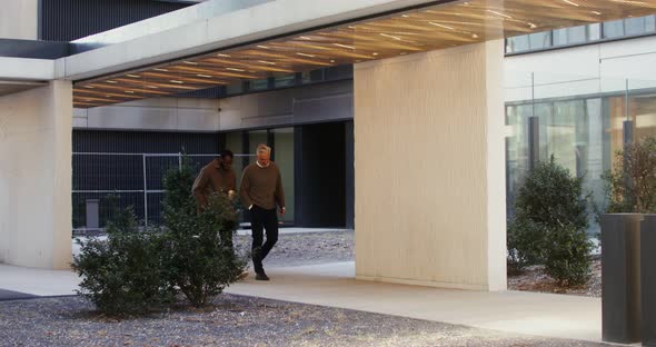 Two Men of Different Ages and Nationalities are Talking Walking in Office Center