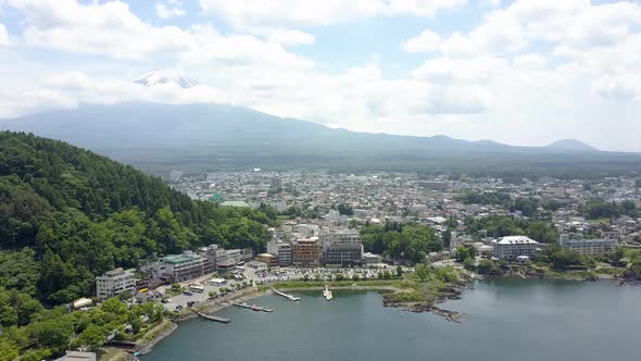 Aerial view of mount fuji from the minamitsuru over kawaguchi sea