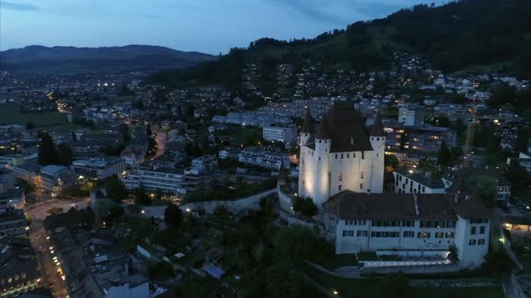 Pan Around Thun City Castle at Dusk Bern Switzerland