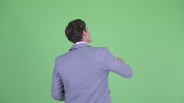 Rear View of Young Businessman Pointing Finger