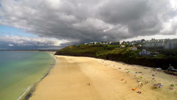 Aerial View Of Beach And Seaside, Coastline  of Carbis Bay, St Ives, Cornwall, Penzance