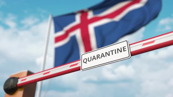 Open Boom Gate with QUARANTINE Sign Near the Icelandic Flag alt