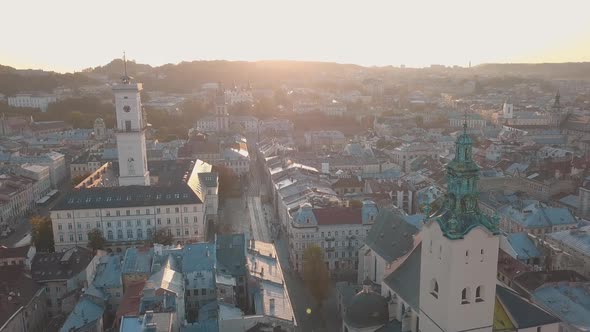 Aerial City Lviv, Ukraine. European City. Popular Areas of the City. Town Hall