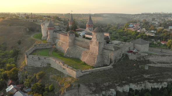 Aerial View of Kamianets Podilskyi Castle at Sunset Ukraine