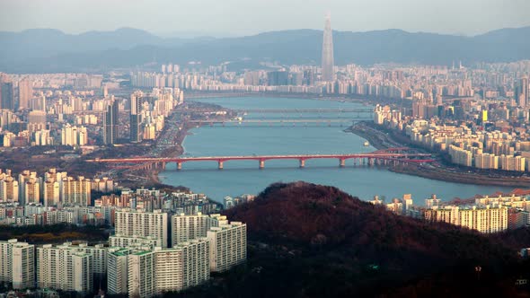 Aerial Korea Cityscape with Road Bridge, Seoul