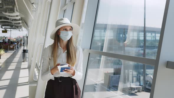 Beautiful Business Woman at the Airport Using the Phone to Send Text Messages