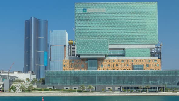 Modern Buildings in Abu Dhabi Skyline Timelapse with Waterfront