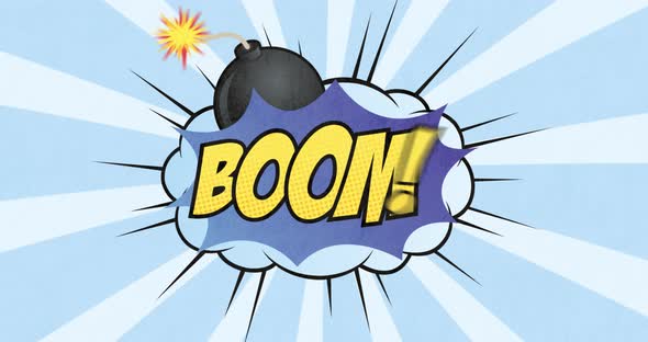 Cartoon bubble with WOW written in blue on a blue and white striped background alt