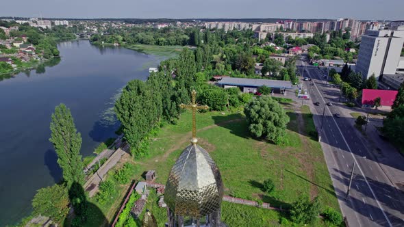 Calm River Along Europian Small Town