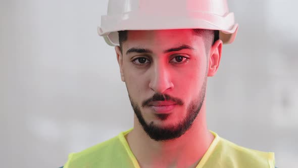 Closeup Portrait Serious Hispanic Man Contractor Mechanic Male Builder Wear Special Uniform Safety