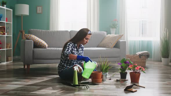 Young Woman Is Planting Houseplant And Talking With Friend Online