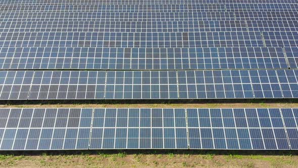 Aerial View of Solar Power Station. Panels Stand in a Row on Green Field. Summer