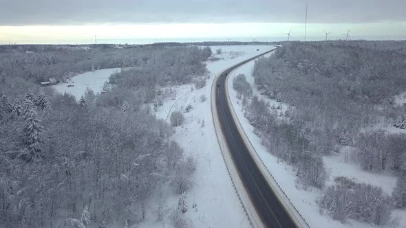 Drone. Coniferous forest, road and village. Asphalt. Winter landscape.