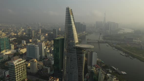 Ho Chi Minh City, District One, Vietnam. Classic drone pull out shot showing a panorama of all key b