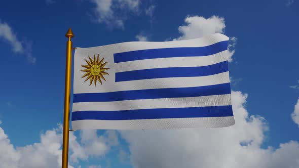 National flag of Uruguay waving with flagpole and blue sky timelapse