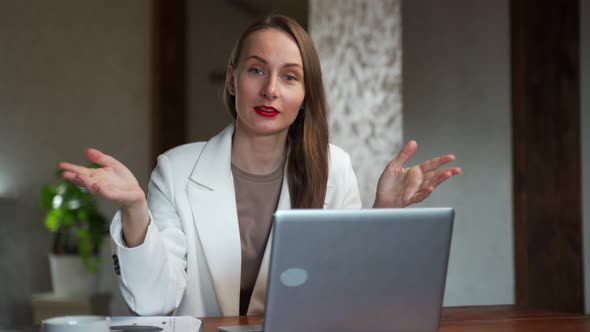 Happy Woman Using Video Chat in Modern Office View From Web Camera