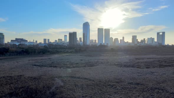 4K Aerial Drone Footage Over Nature Reserve in Buenos Aires, Argentina with Cityscape Views.