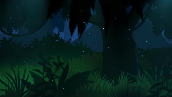 The dense tropical rainforest at the night. The lush calm colorful jungle.