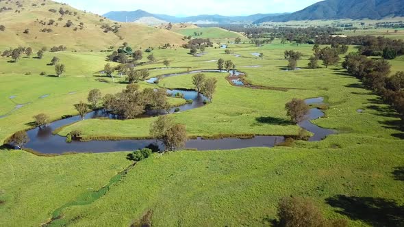 Drone view looking upstream over billabongs on the Mitta Mitta River floodplain at Pigs Point near T
