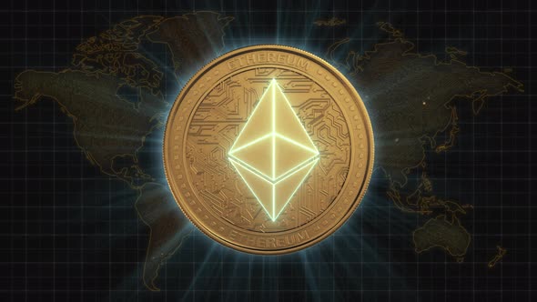 Shiny Ethereum Coin Rotates Over World Map Background