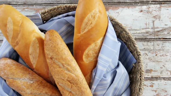 Close-up of baguettes in basket