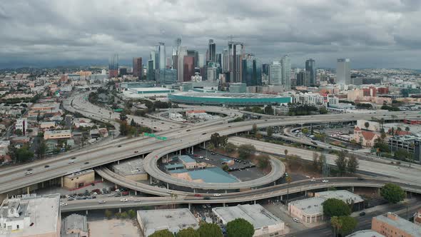 Scenic Downtown Los Angeles Aerial View. Busy Highway Overhead  Drone View