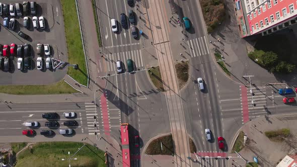 Crossroad in the City with Moving Cars Aerial View