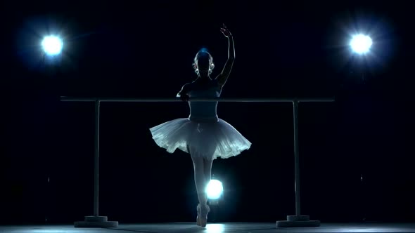 Classic Ballet Dancer in White Tutu Posing on One Leg Next To Handle Bar